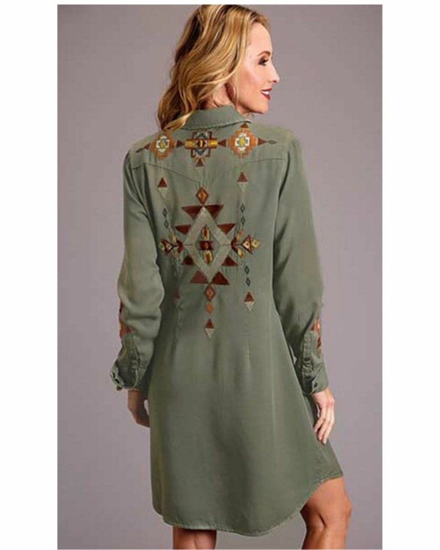 Dress * | Stetson Women'S Southwestern Embroidered Shirt Dress Olive