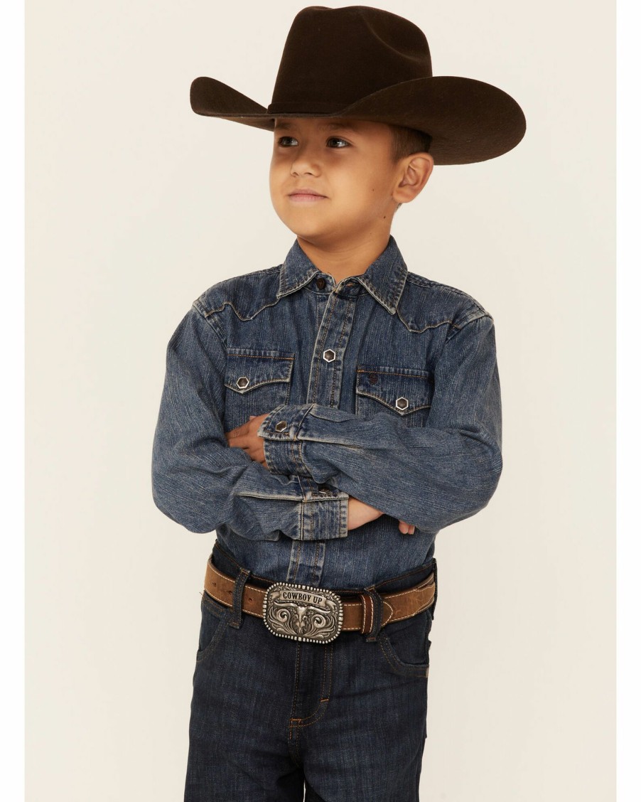 Shirt * | Stetson Boys' Medium Wash Denim Long Sleeve Snap Western Shirt