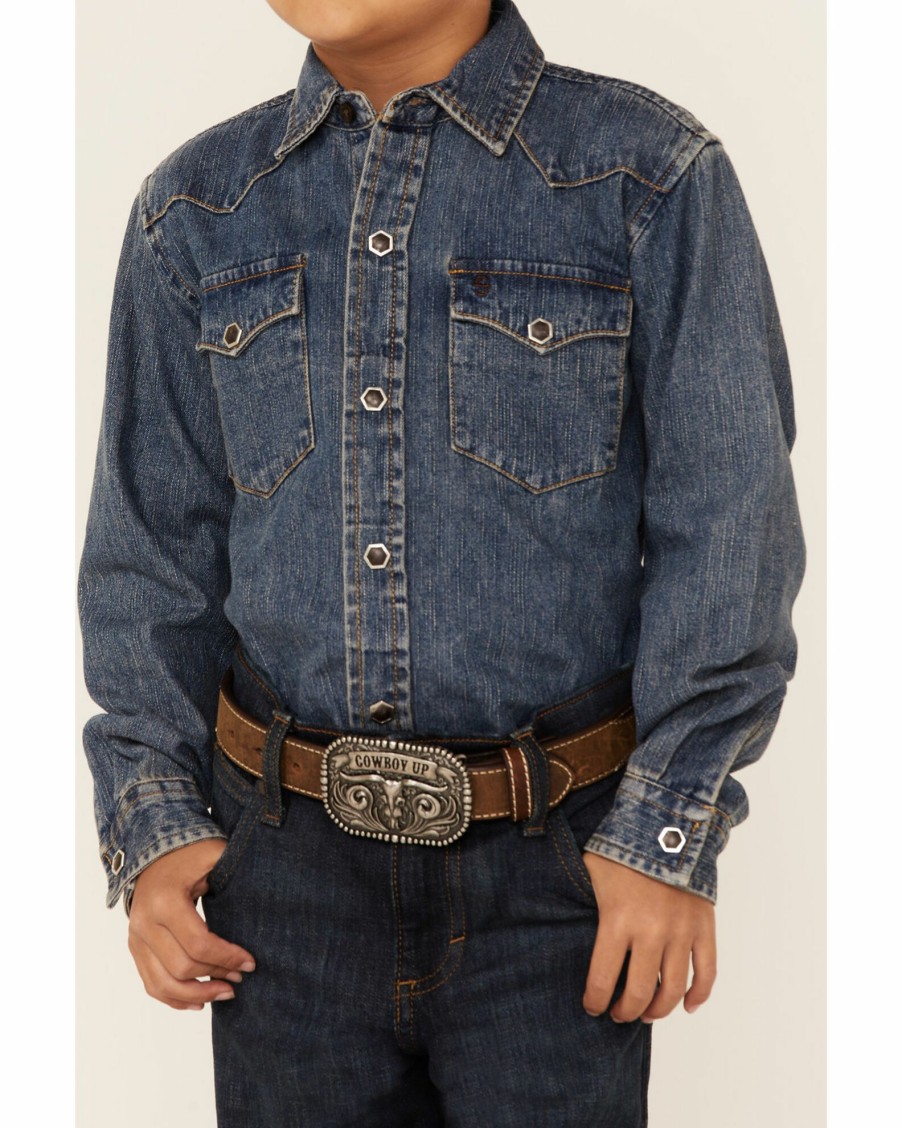 Shirt * | Stetson Boys' Medium Wash Denim Long Sleeve Snap Western Shirt