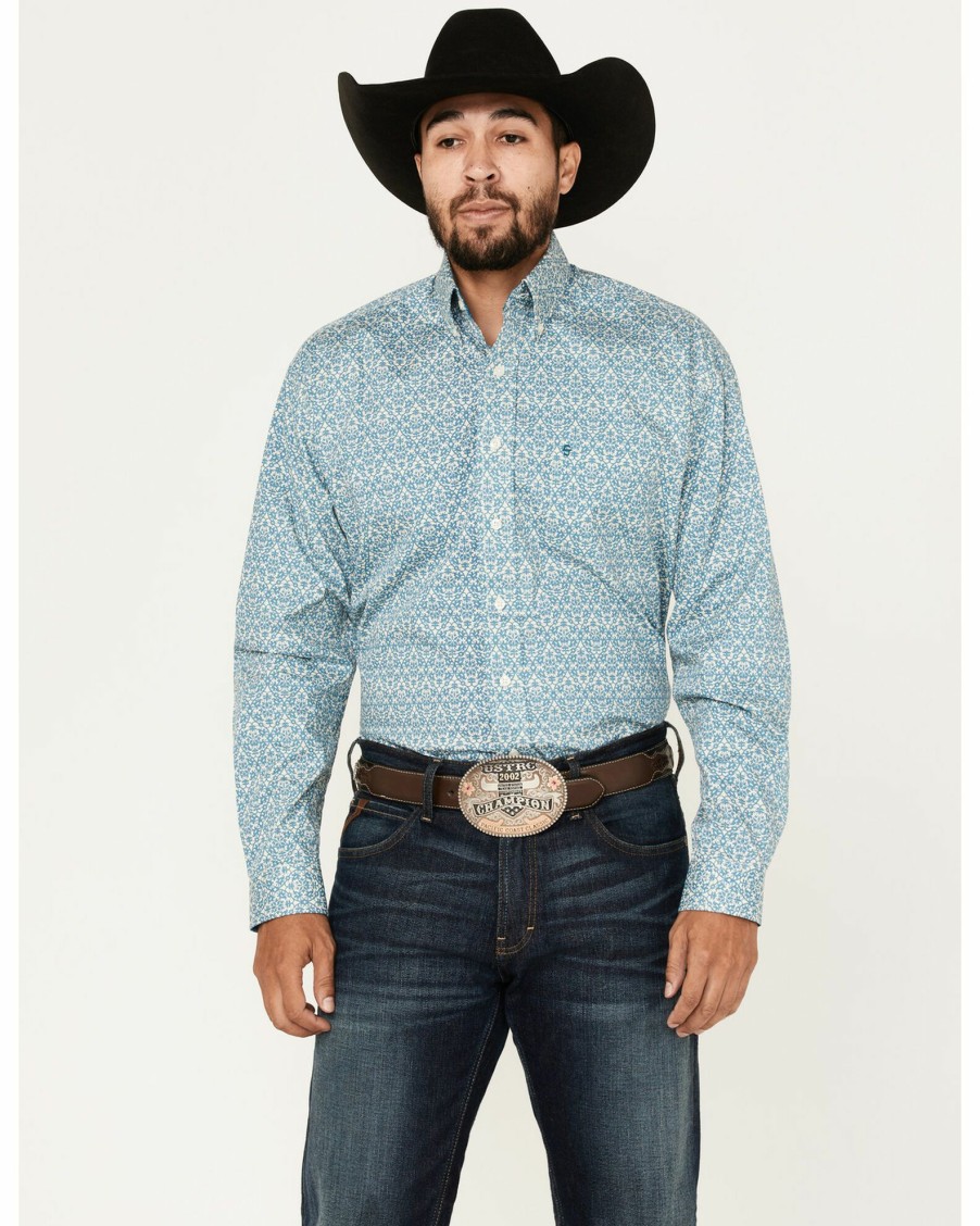 Shirt * | Stetson Men'S Floral Geo Print Long Sleeve Western Shirt Blue