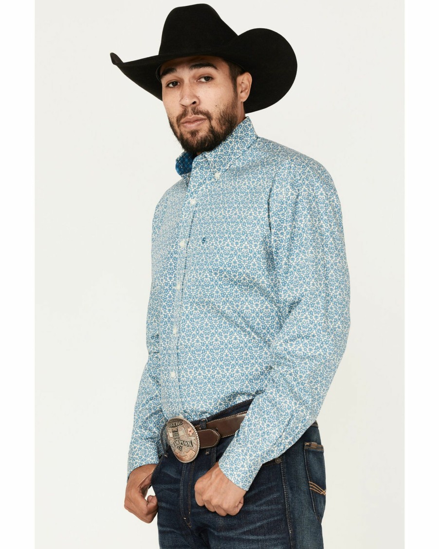 Shirt * | Stetson Men'S Floral Geo Print Long Sleeve Western Shirt Blue