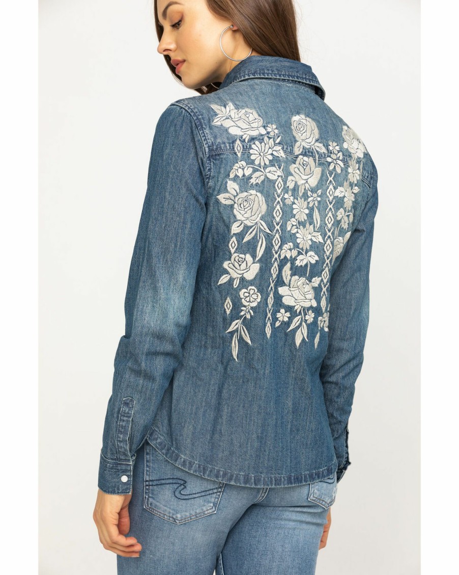 Shirt * | Stetson Women'S Floral Embroidered Denim Long Sleeve Western Shirt Blue