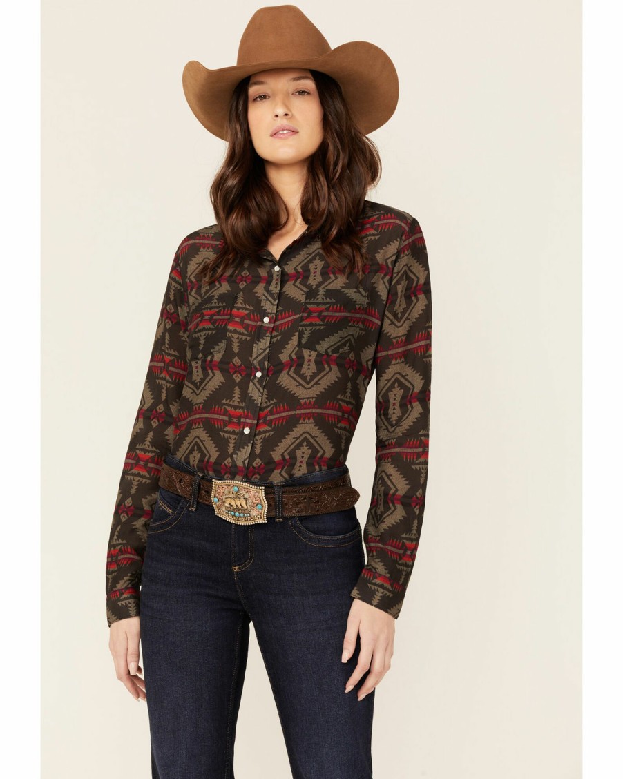 Shirt * | Stetson Women'S Southwestern Flat Weave Blanket Print Long Sleeve Collared Snap Shirt Brown