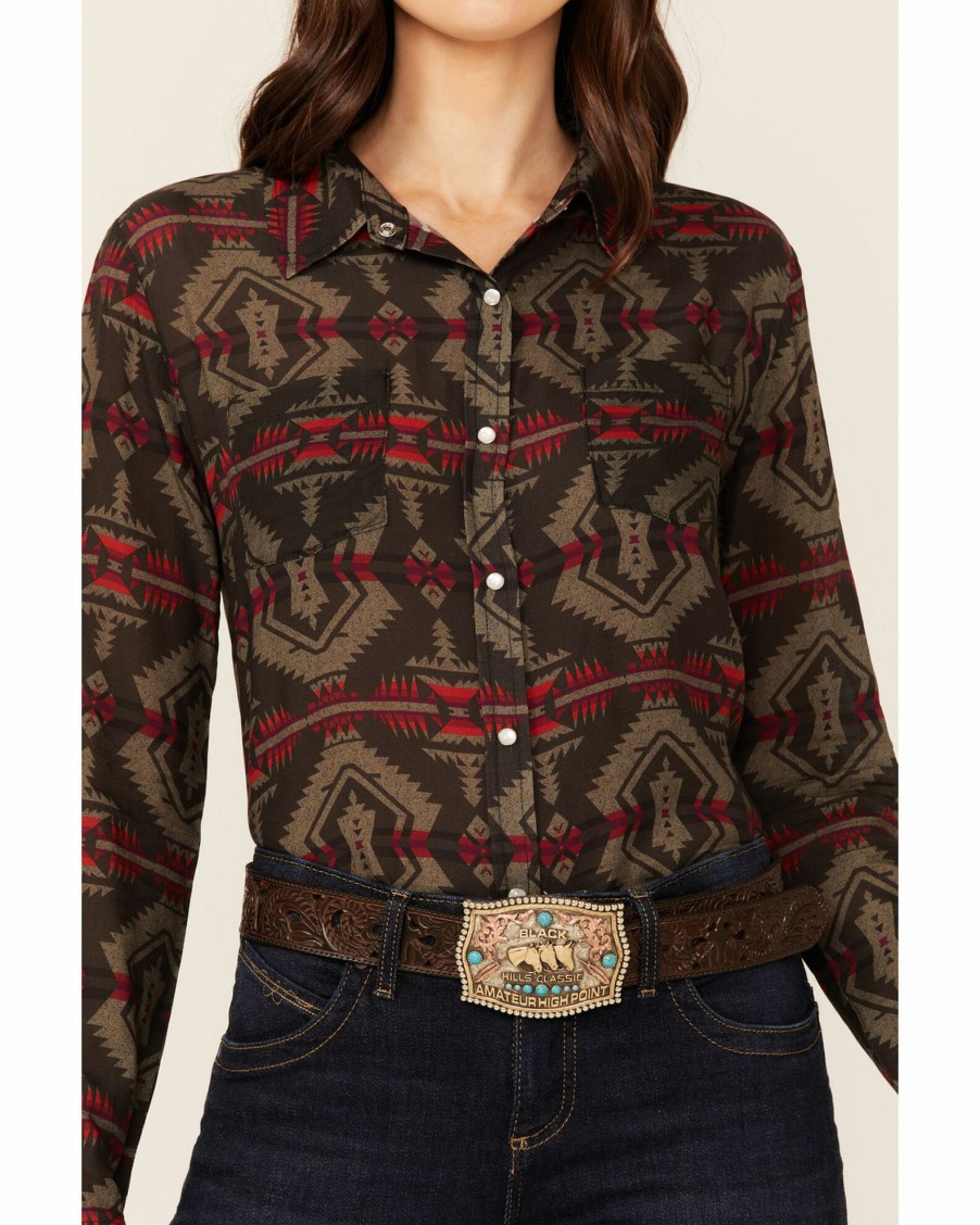 Shirt * | Stetson Women'S Southwestern Flat Weave Blanket Print Long Sleeve Collared Snap Shirt Brown