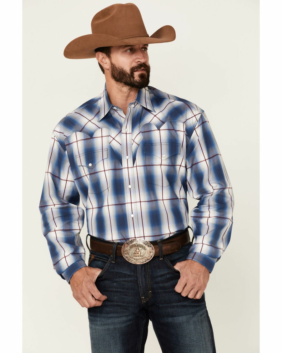 Shirt * | Stetson Men'S Ombre Large Plaid Long Sleeve Snap Western Shirt Blue