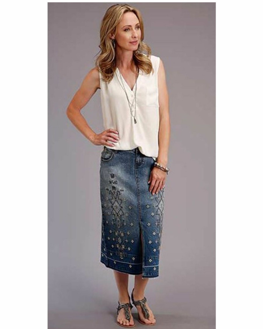 Skirt * | Stetson Women'S Embroidered Long Denim Skirt Blue