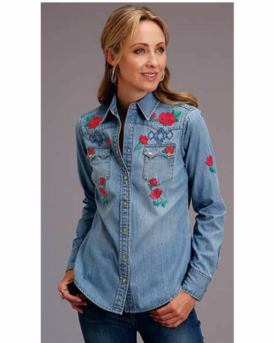 Shirt * | Stetson Women'S Dark Denim Embroidered Long Sleeve Snap Western Shirt Blue