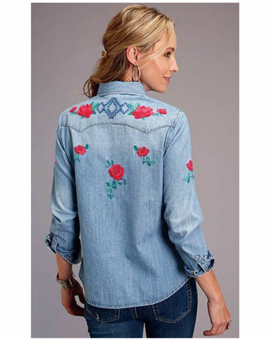 Shirt * | Stetson Women'S Dark Denim Embroidered Long Sleeve Snap Western Shirt Blue