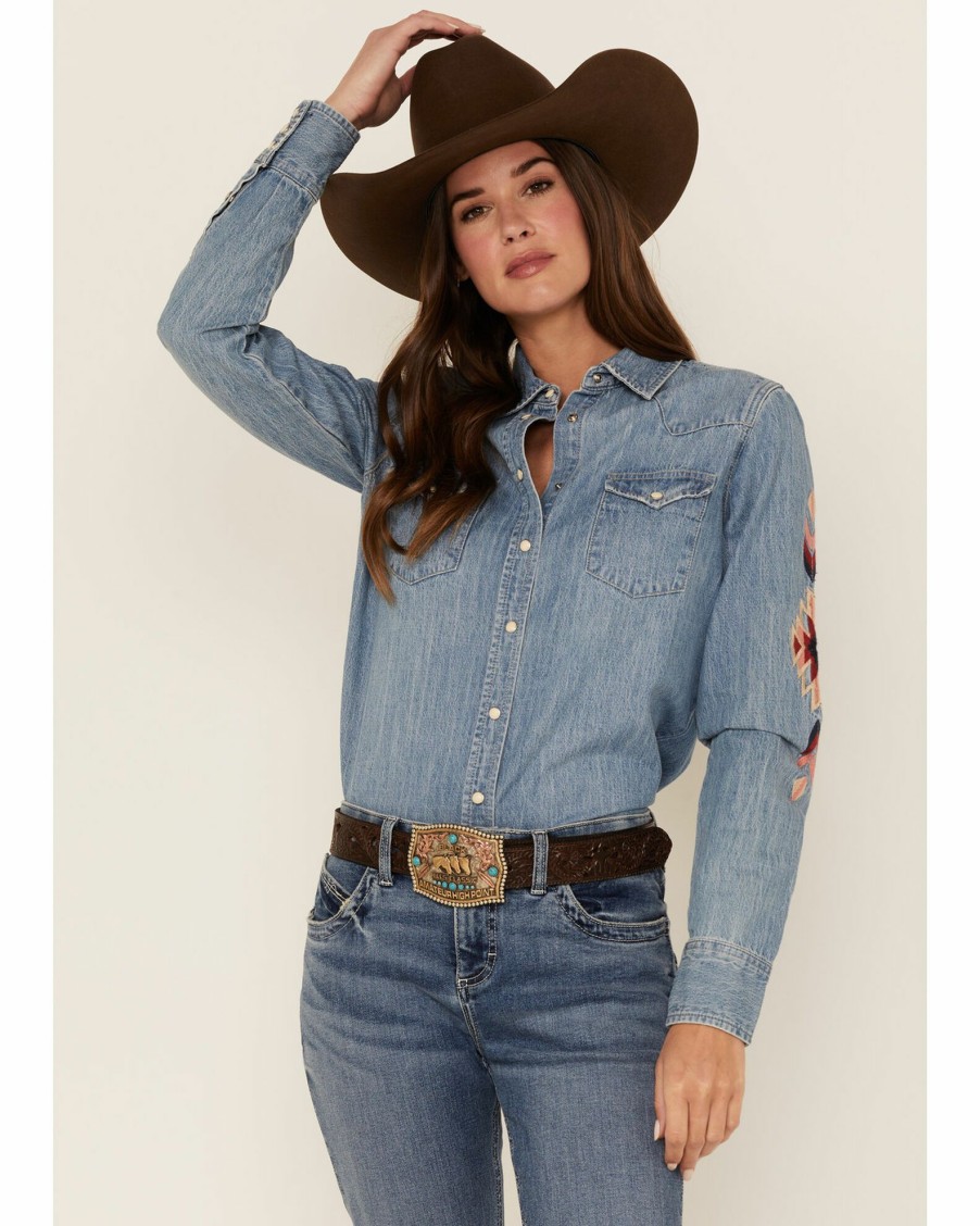 Shirt * | Stetson Women'S Southwestern Embroidered Sleeve Denim Western Snap Shirt Blue