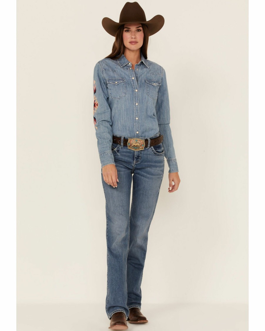 Shirt * | Stetson Women'S Southwestern Embroidered Sleeve Denim Western Snap Shirt Blue