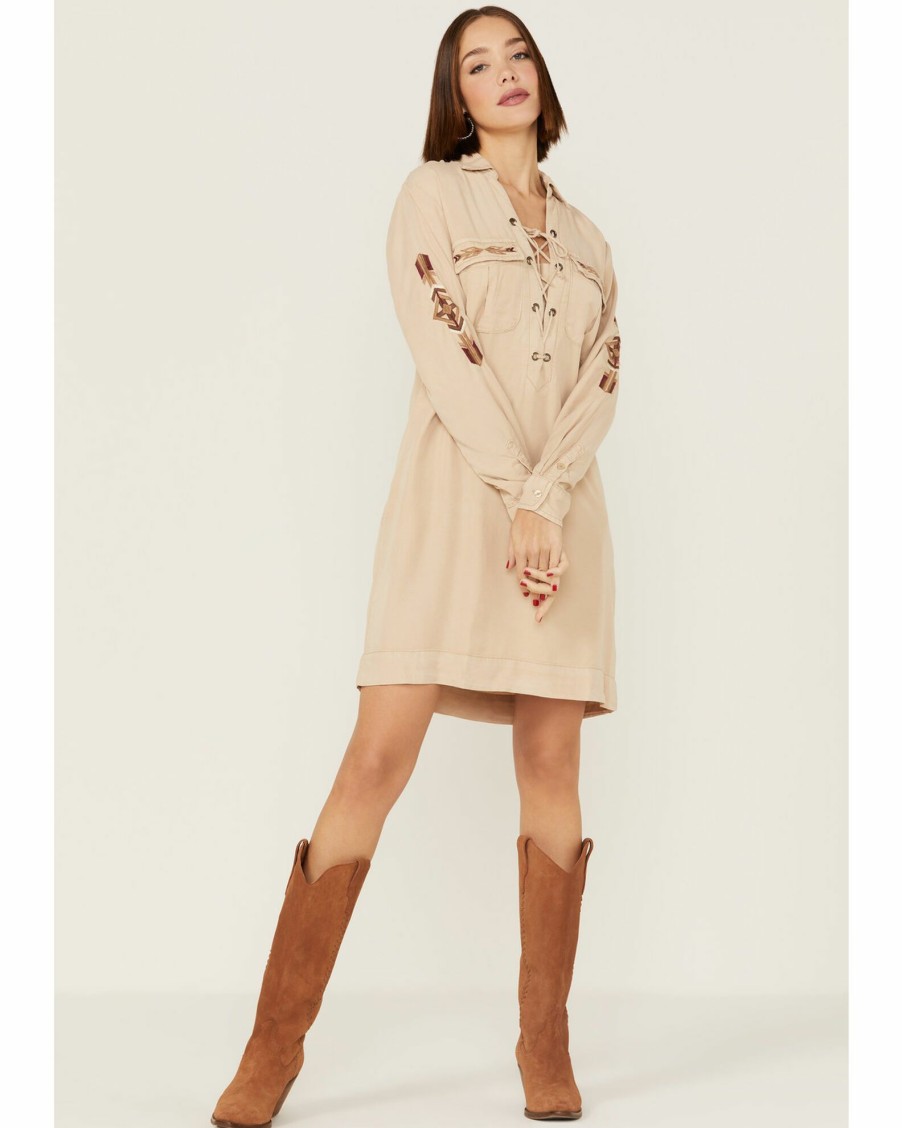 Dress * | Stetson Women'S Safari Southwestern Embroidered Lace Up Dress Tan