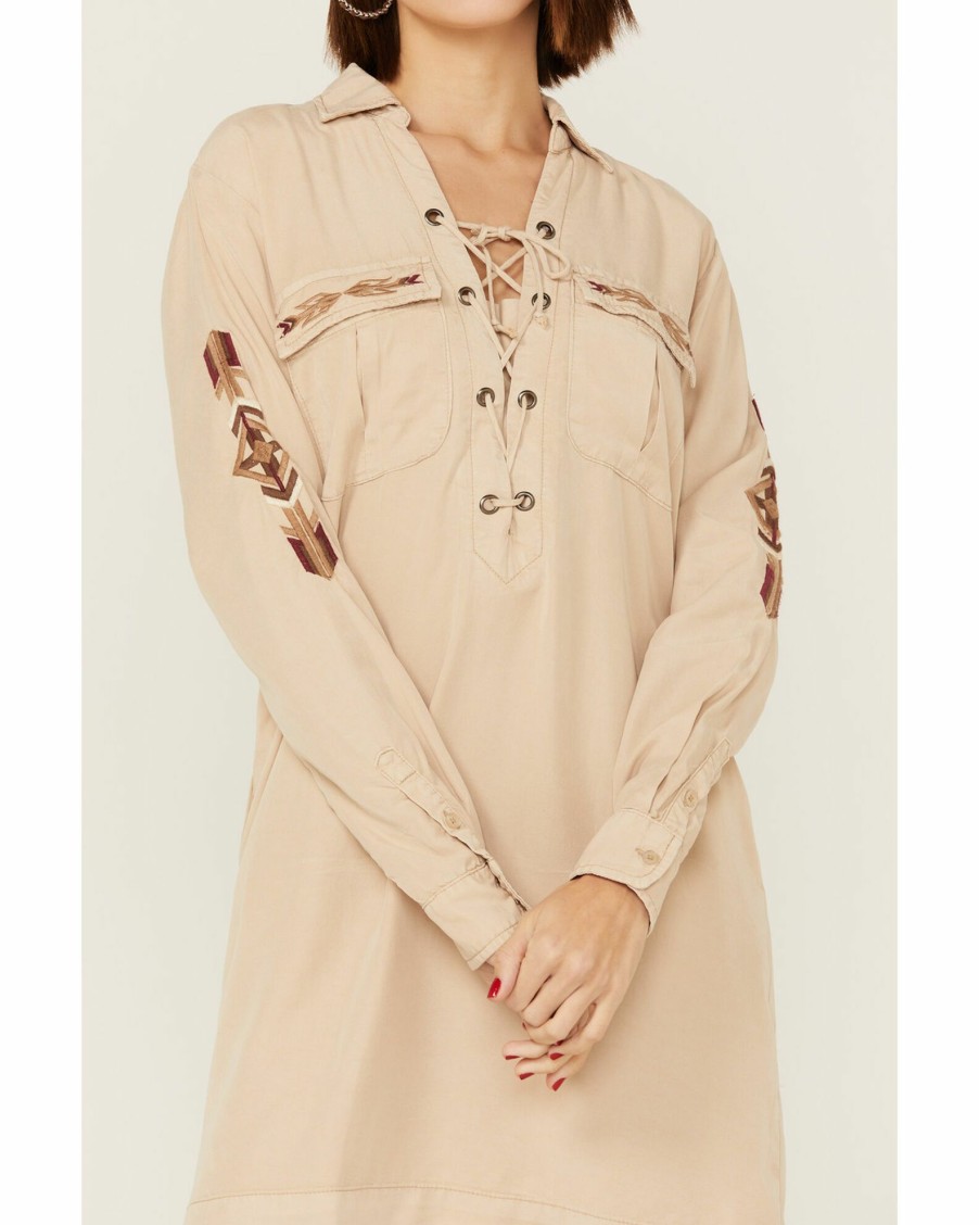 Dress * | Stetson Women'S Safari Southwestern Embroidered Lace Up Dress Tan