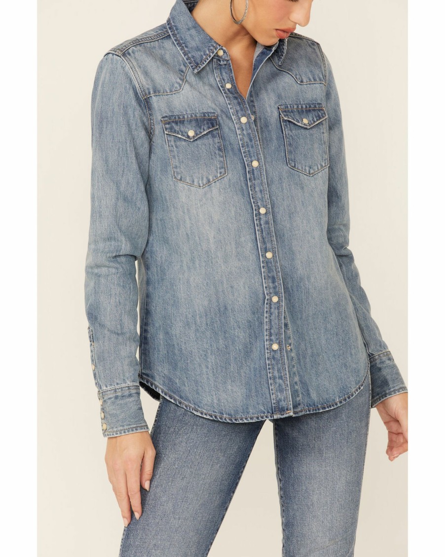 Shirt * | Stetson Women'S Light Denim Embellished Back Long Sleeve Snap Western Shirt Blue