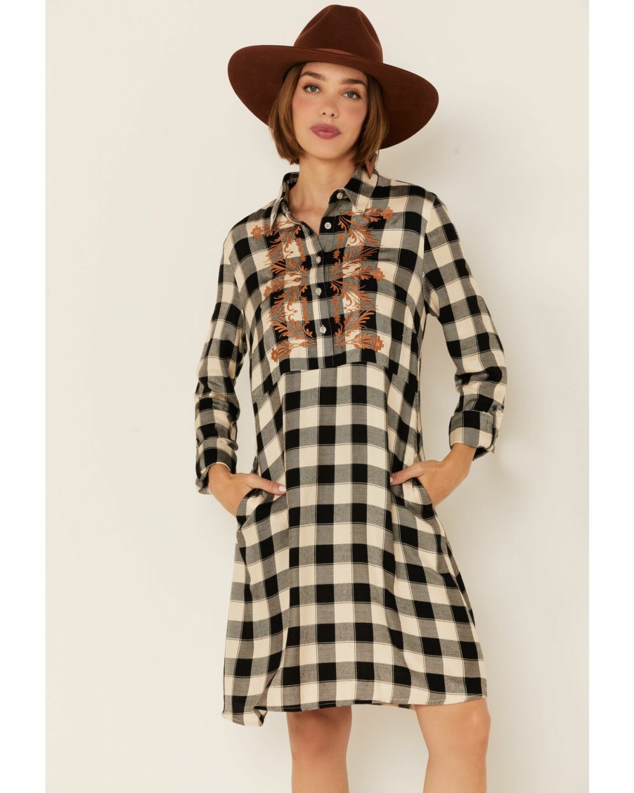 Dress * | Stetson Women'S Buffalo Plaid Collared Shirt Dress White