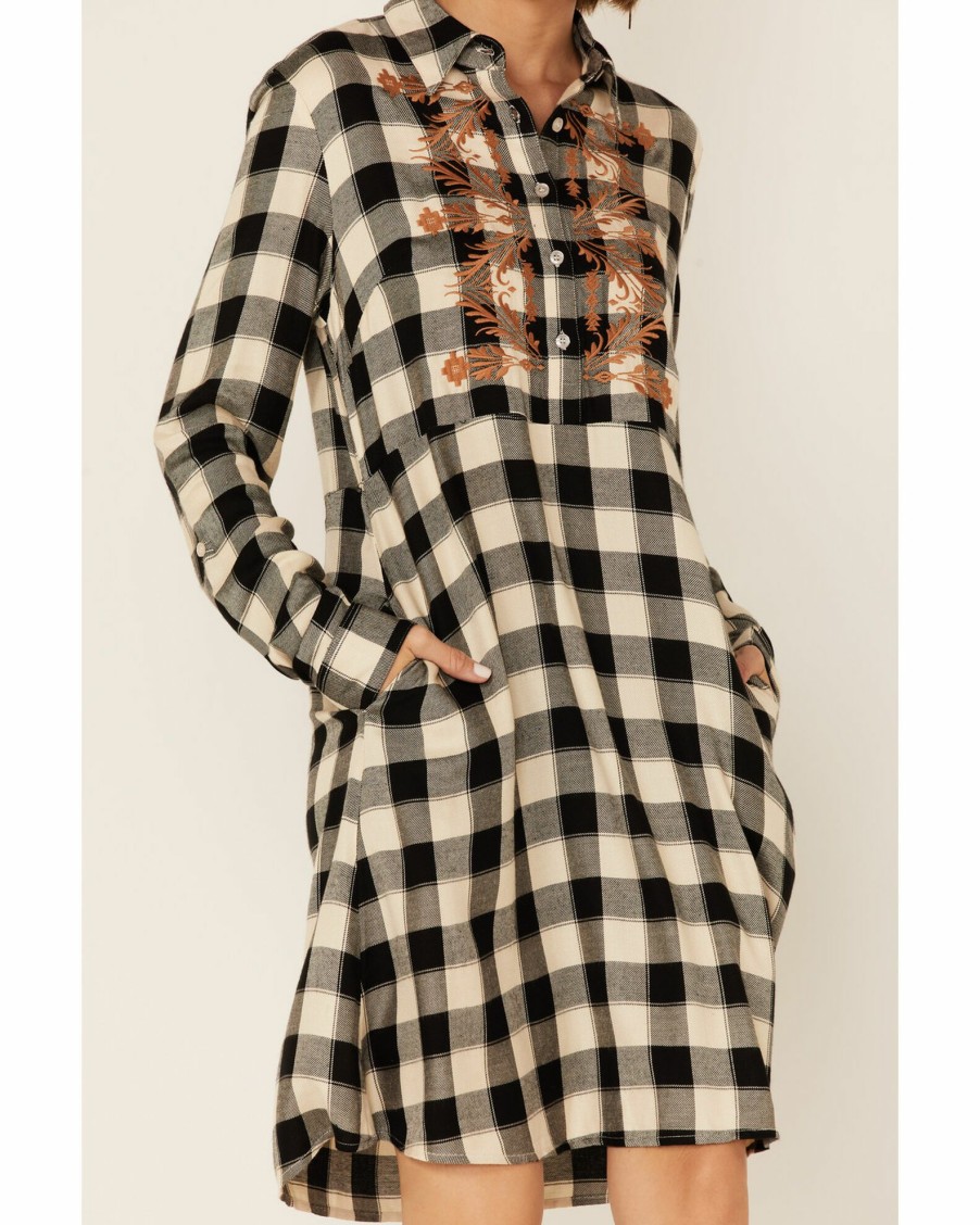 Dress * | Stetson Women'S Buffalo Plaid Collared Shirt Dress White