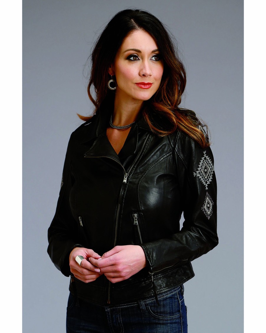 Jacket * | Stetson Women'S Embroidered Motorcycle Leather Jacket Black