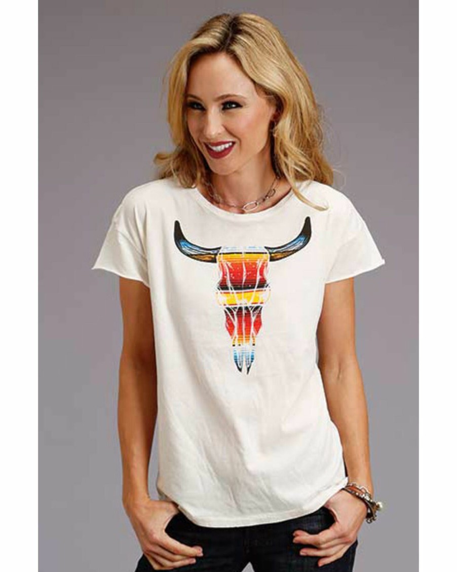 Shirt * | Stetson Women'S Serape Steer Skull Tee White