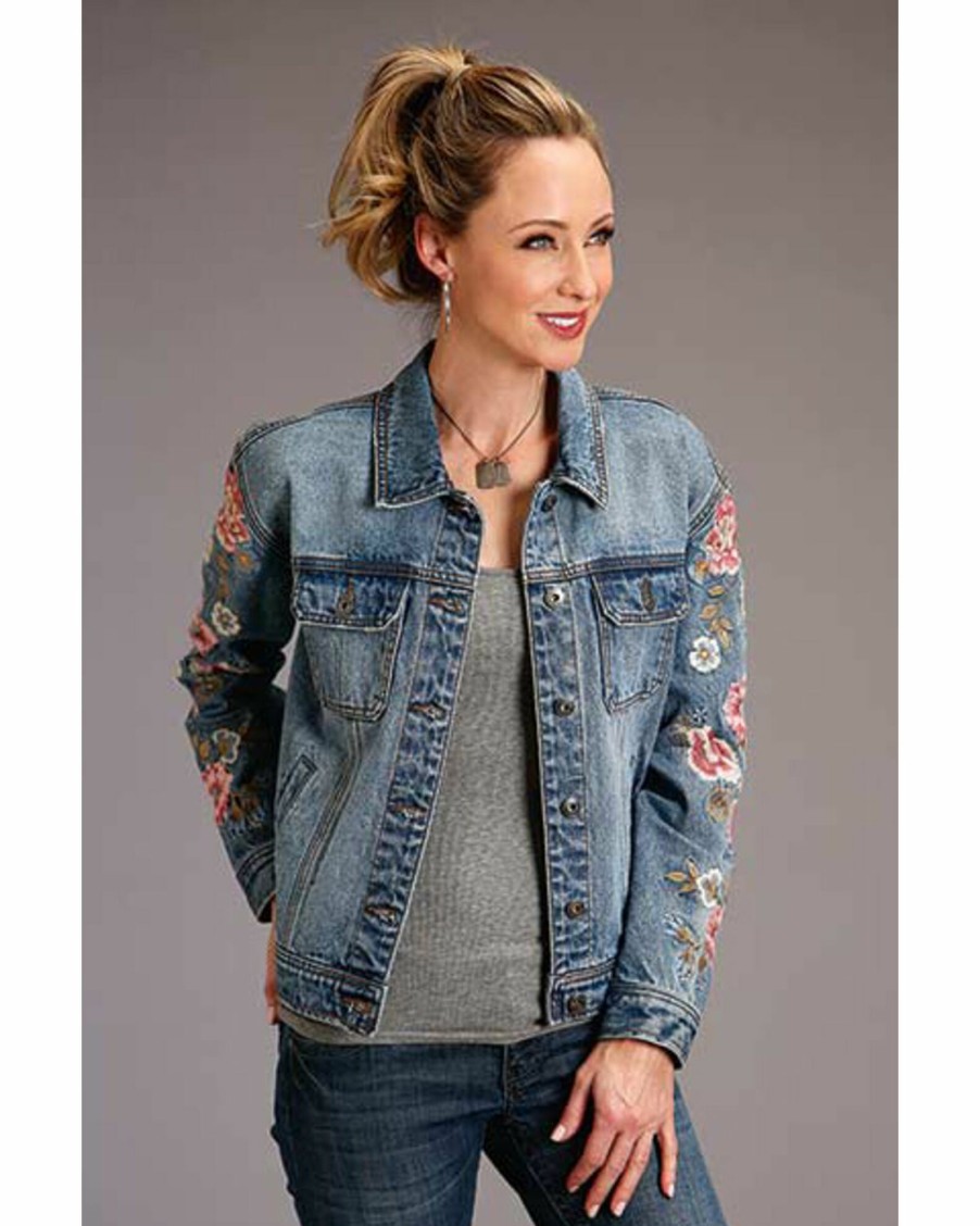 Jacket * | Stetson Women'S Floral Embroidered Button-Down Denim Jacket Blue