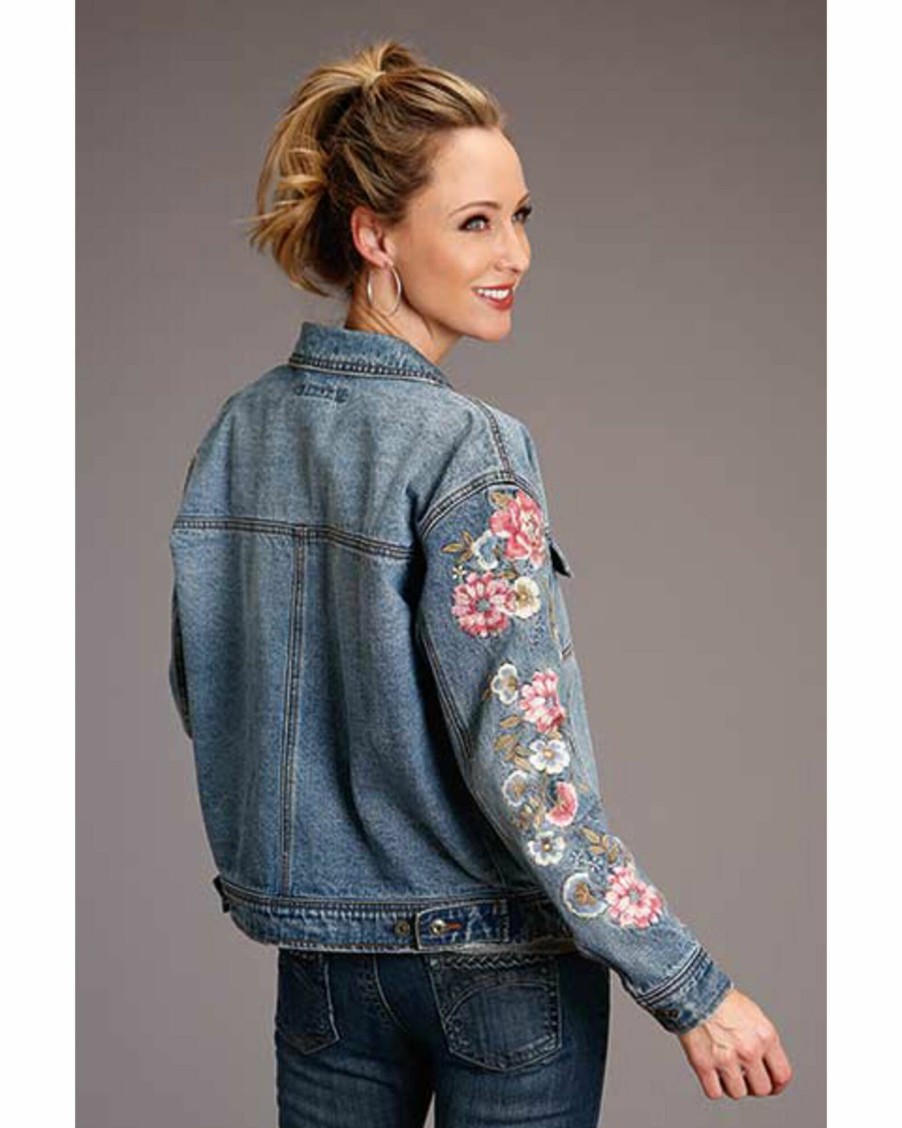 Jacket * | Stetson Women'S Floral Embroidered Button-Down Denim Jacket Blue