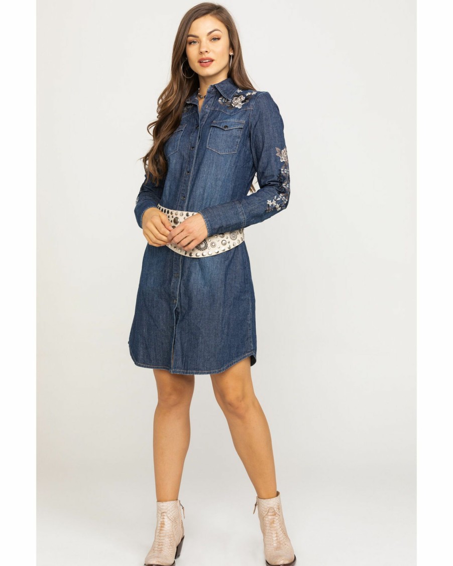 Dress * | Stetson Women'S Rose Embroidered Denim Dress Blue