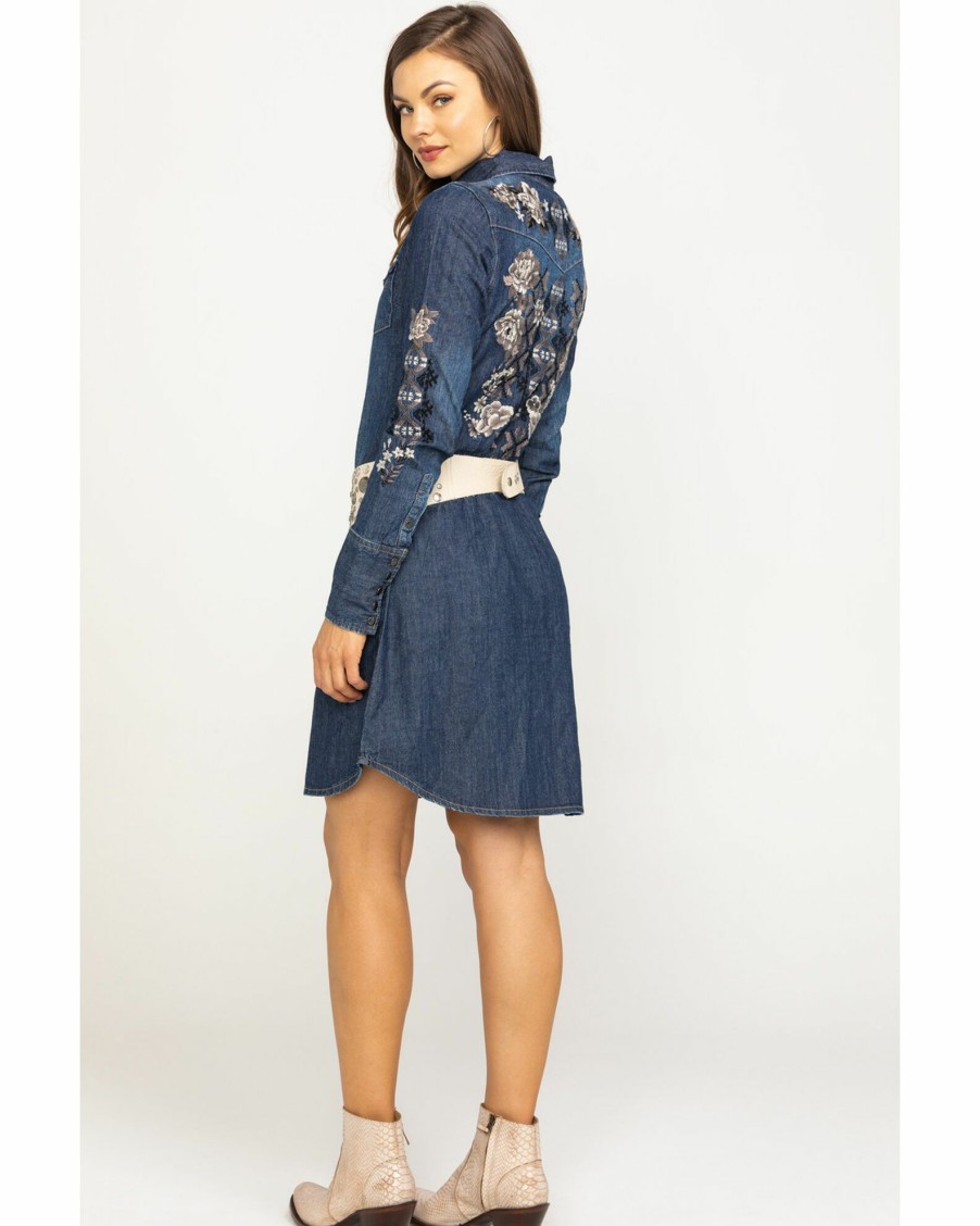 Dress * | Stetson Women'S Rose Embroidered Denim Dress Blue