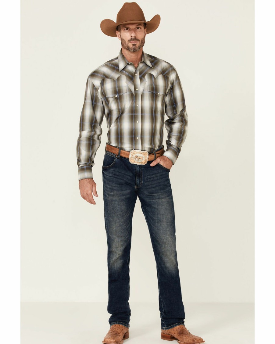 Shirt * | Stetson Men'S Moss Ombre Plaid Long Sleeve Snap Western Shirt Green