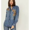 Shirt * | Stetson Women'S Floral Embroidered Medium Wash Long Sleeve Button-Down Shirt Blue