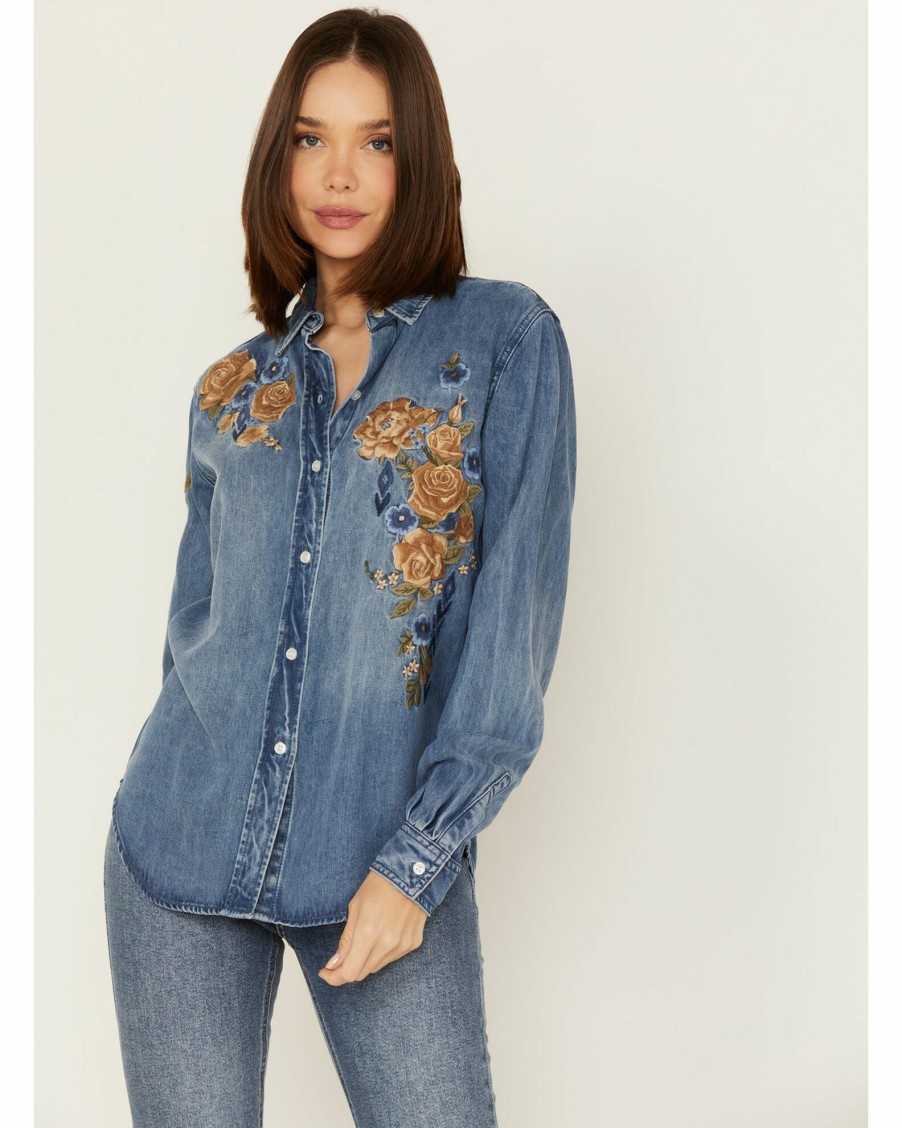 Shirt * | Stetson Women'S Floral Embroidered Medium Wash Long Sleeve Button-Down Shirt Blue