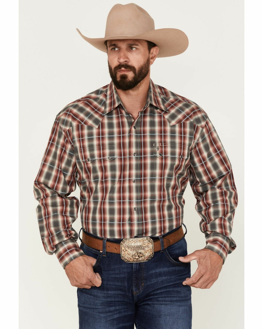 Shirt * | Stetson Men'S Fancy Medium Plaid Print Long Sleeve Snap Western Shirt Wine