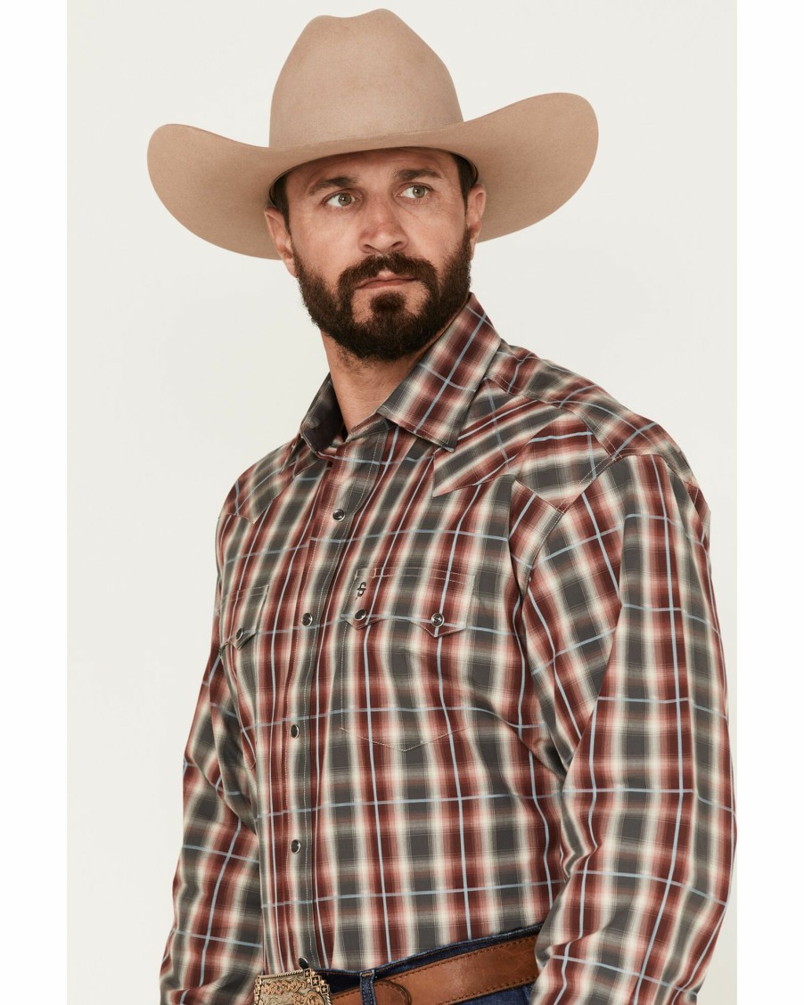 Shirt * | Stetson Men'S Fancy Medium Plaid Print Long Sleeve Snap Western Shirt Wine