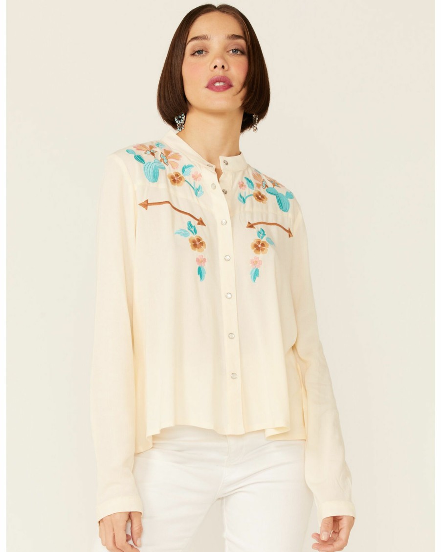 Shirt * | Stetson Women'S Cream Rayon Crepe Floral Embroidered Long Sleeve Snap Western Shirt White