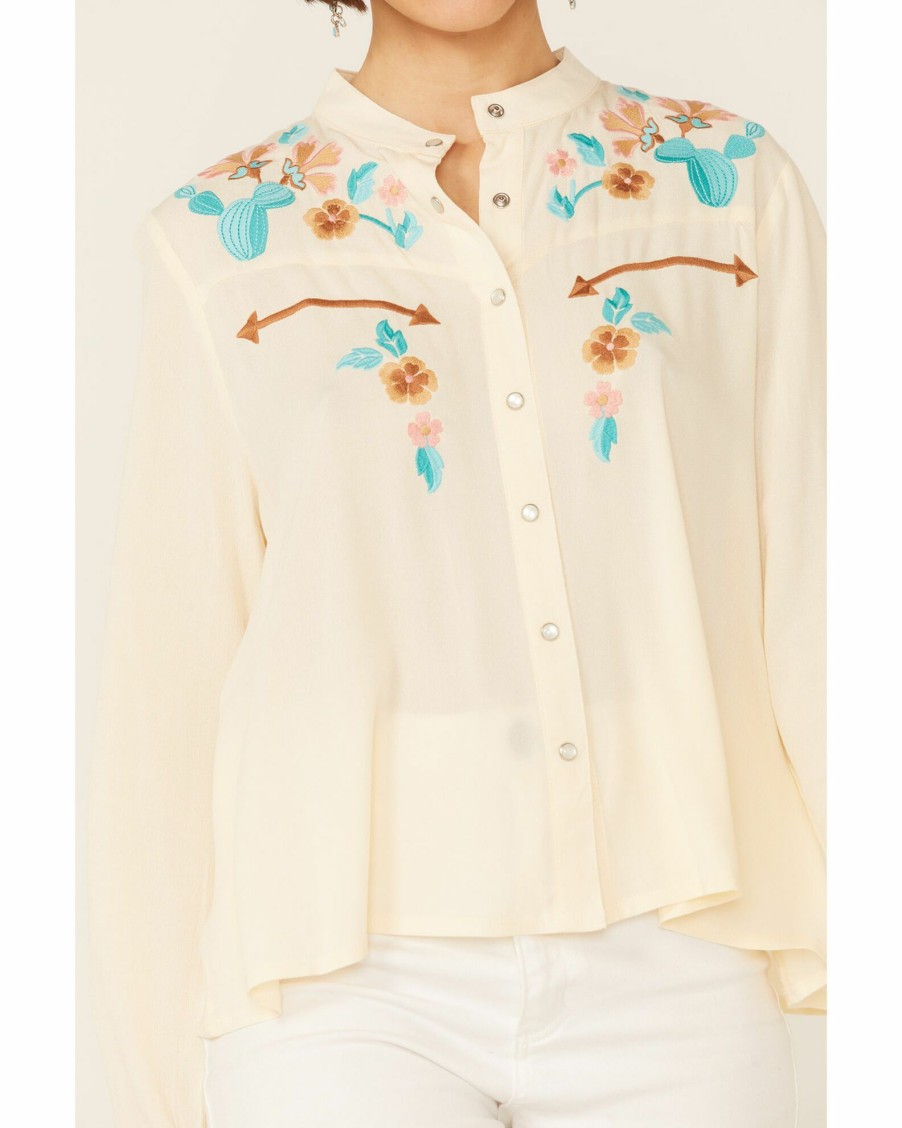 Shirt * | Stetson Women'S Cream Rayon Crepe Floral Embroidered Long Sleeve Snap Western Shirt White