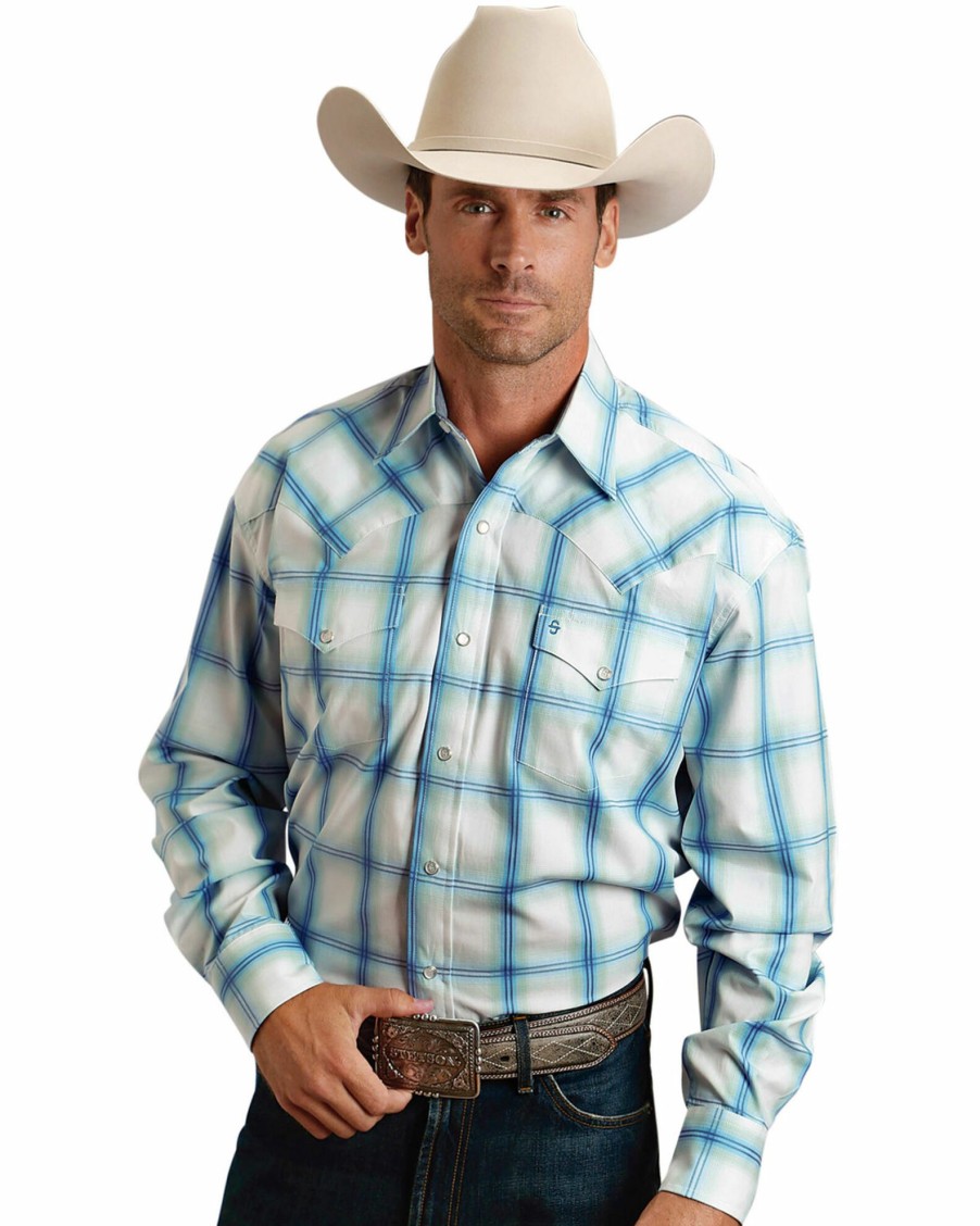 Shirt * | Stetson Men'S Double Pane Ombre Plaid Long Sleeve Western Shirt Blue