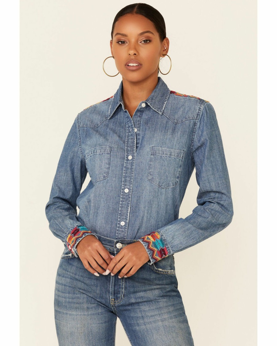 Shirt * | Stetson Women'S Denim Embroidered Long Sleeve Button-Down Western Shirt Blue