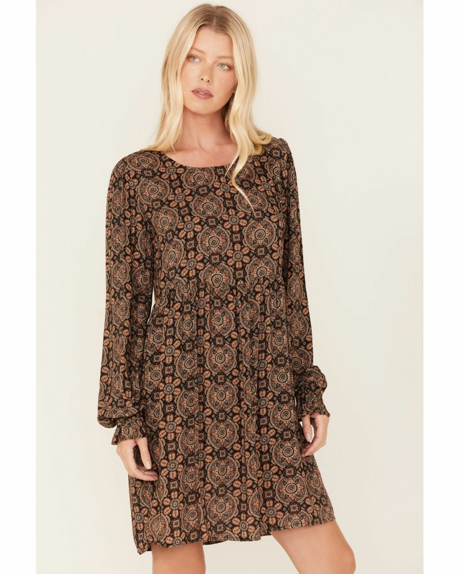 Dress * | Stetson Women'S Praire Paisley Print Long Sleeve Dress Brown