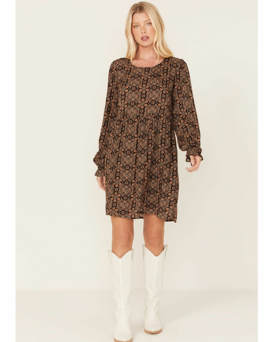 Dress * | Stetson Women'S Praire Paisley Print Long Sleeve Dress Brown