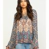 Shirt * | Stetson Women'S Herringbone Twill Border Print Blouse Brown