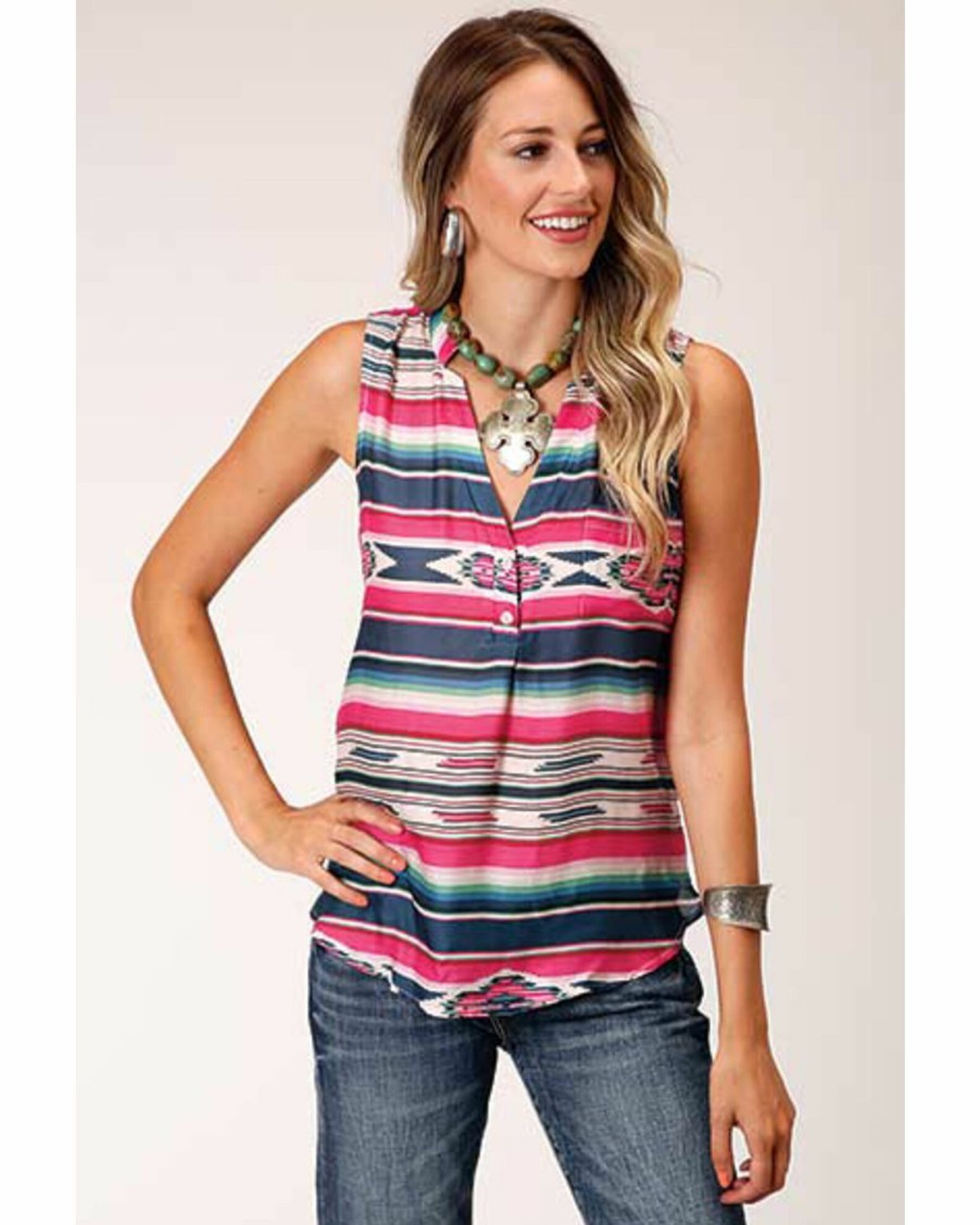 Shirt * | Stetson Women'S Indigo Serape Stripe Herringbone Sleeveless Button-Down Western Blouse Blue