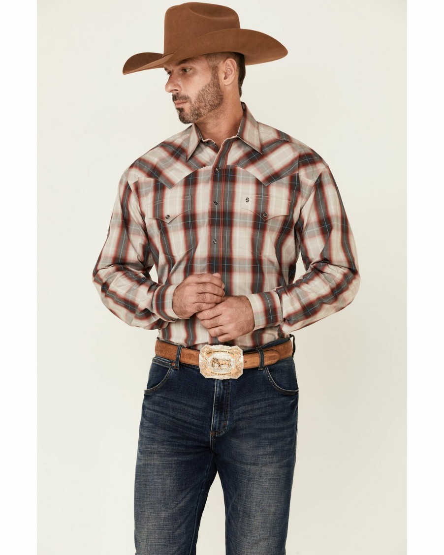 Shirt * | Stetson Men'S Sandy Ombre Plaid Long Sleeve Snap Western Shirt Red