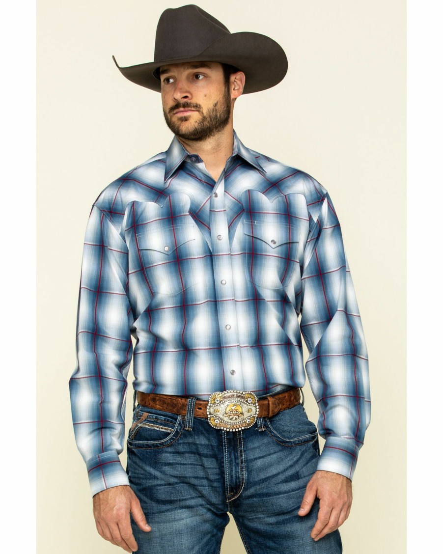 Shirt * | Stetson Men'S Indigo Large Ombre Plaid Long Sleeve Western Shirt Blue